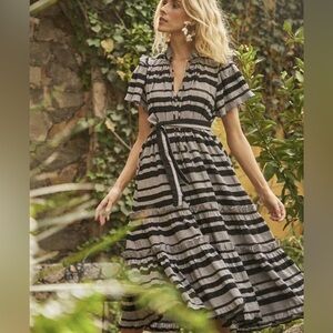 Hunter Bell Black and Gray Striped Midi Dress